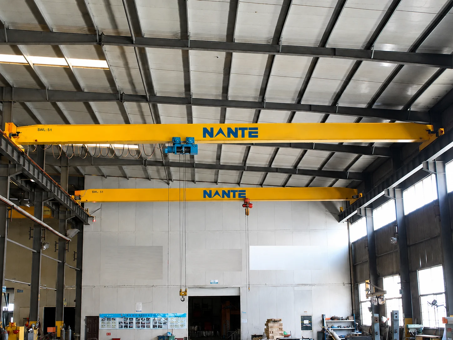 Single girder overhead crane installed in industrial workshop