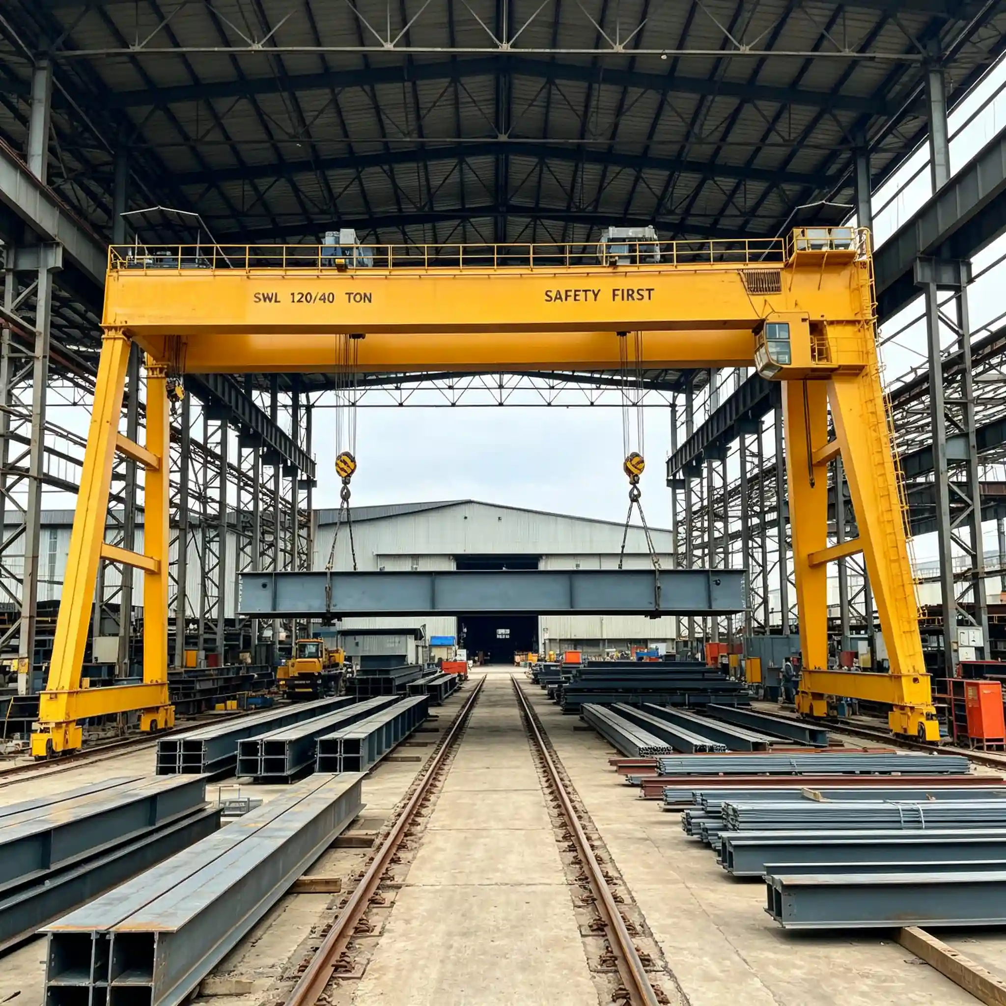 Double-girder gantry crane lifting a steel beam in an industrial yard