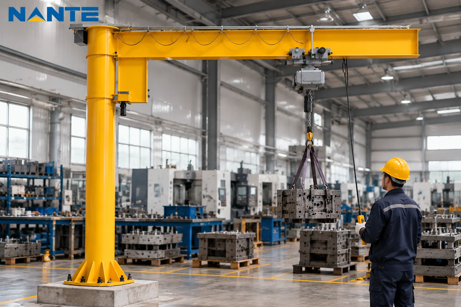 Industrial jib crane lifting a heavy load in a workshop