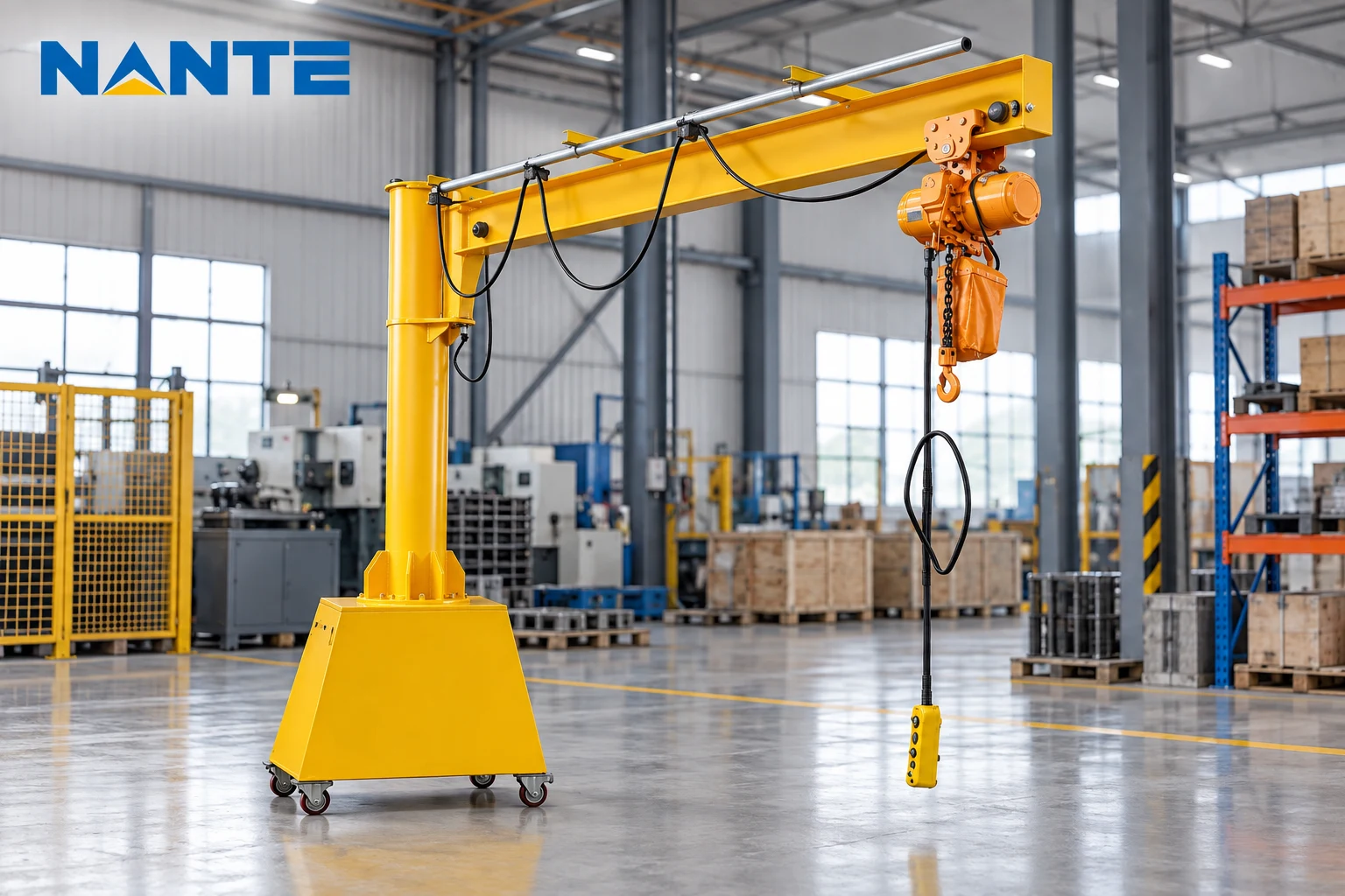 Mobile jib crane with rotating boom and electric chain hoist