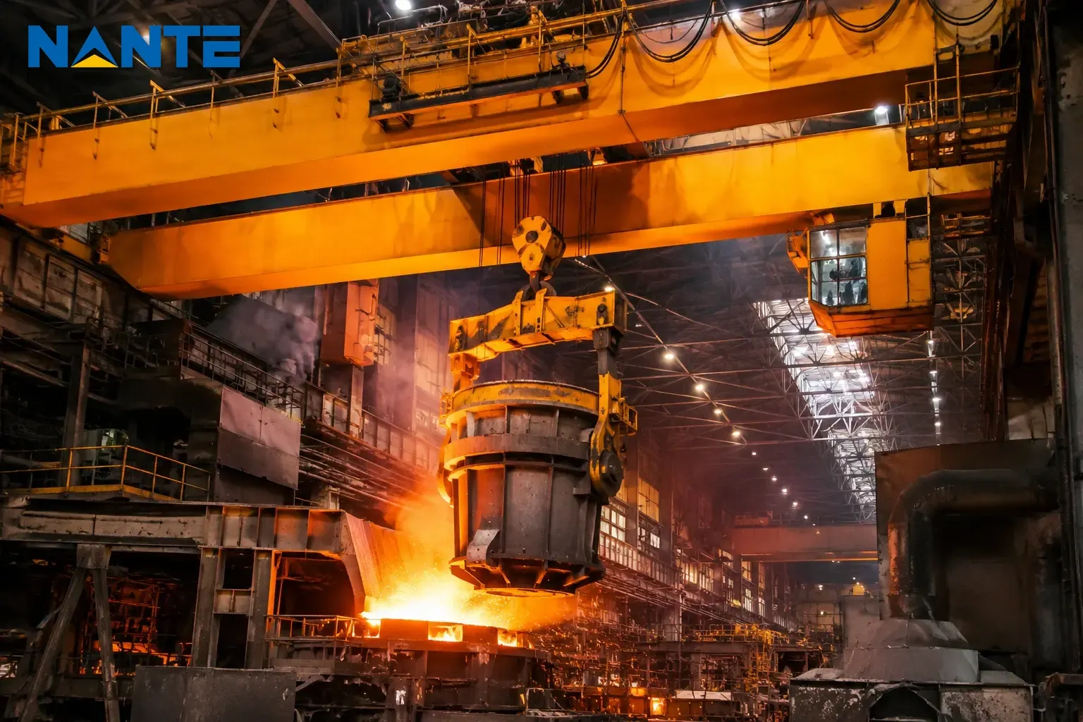 Molten-metal ladle crane operating in a steel mill high-temperature zone