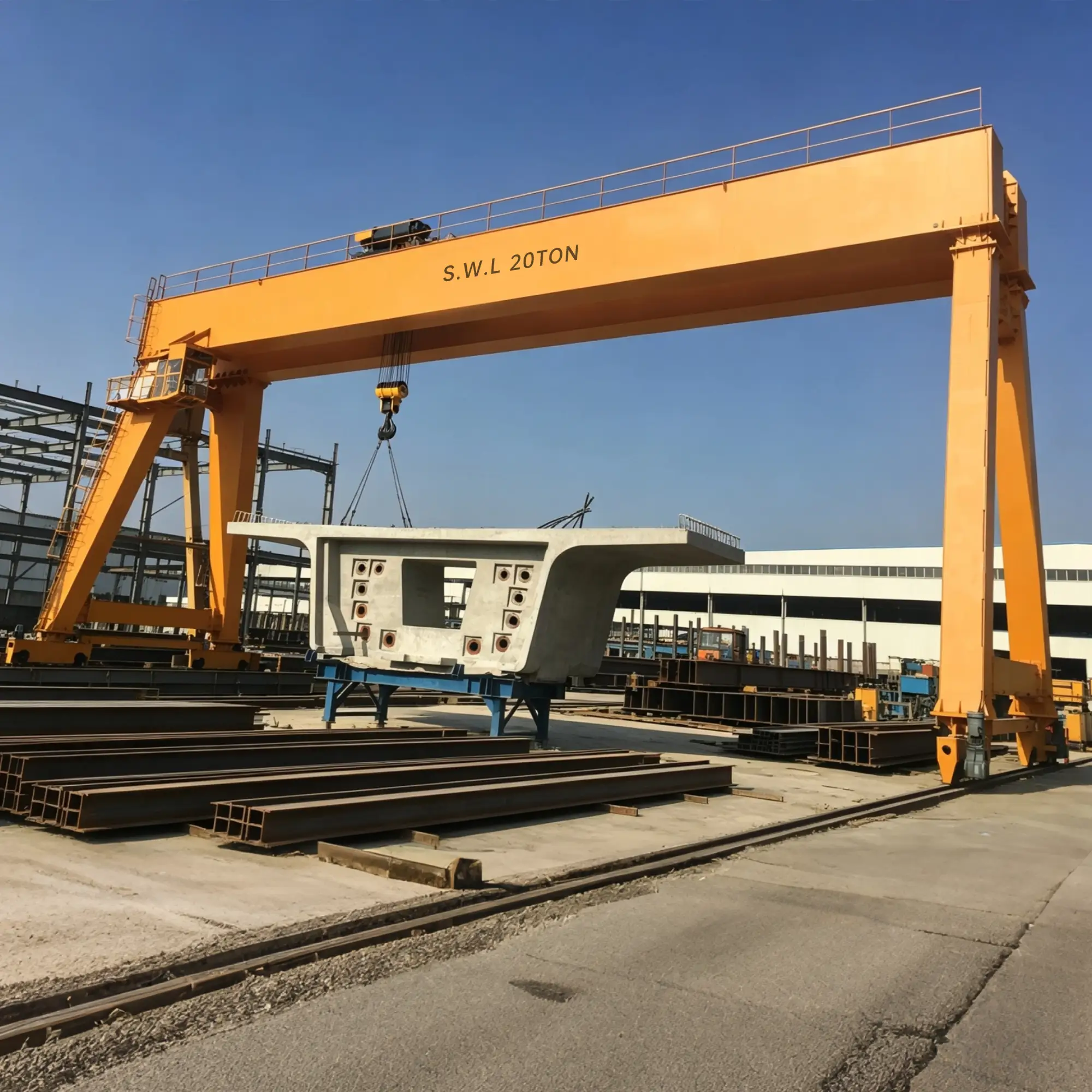 Outdoor double-girder gantry crane in a rail-mounted yard