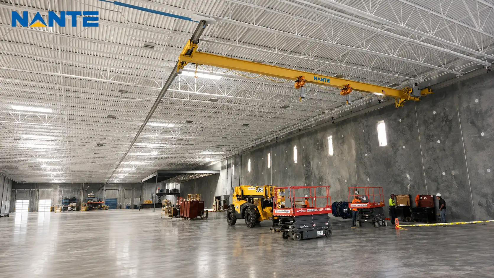 Underhung overhead crane installed in an industrial workshop