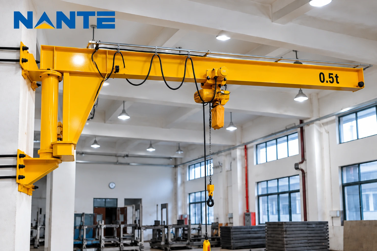 Wall mounted jib crane secured to a structural column with upper and lower brackets