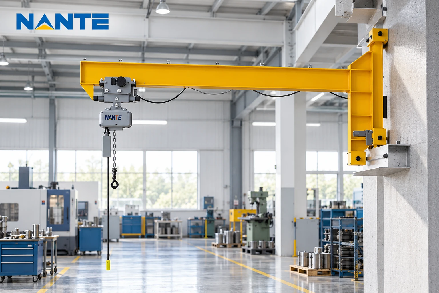 Wall-mounted jib crane showing boom outreach and hook working radius