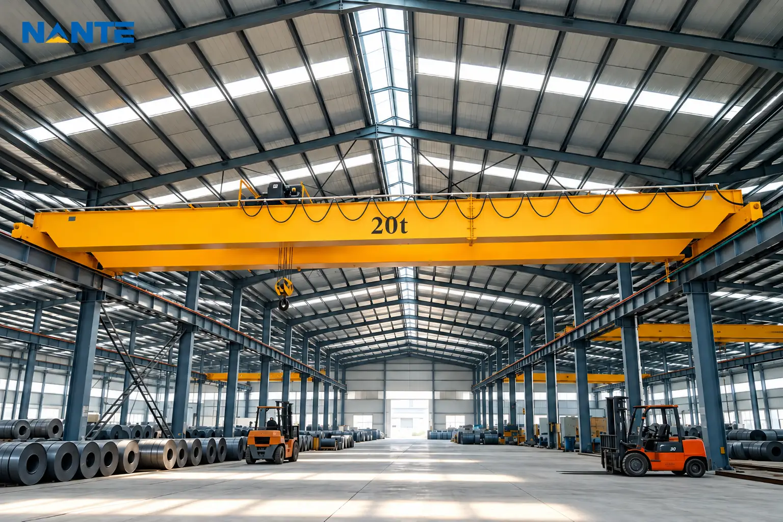 20-ton overhead crane operating in a steel coil warehouse