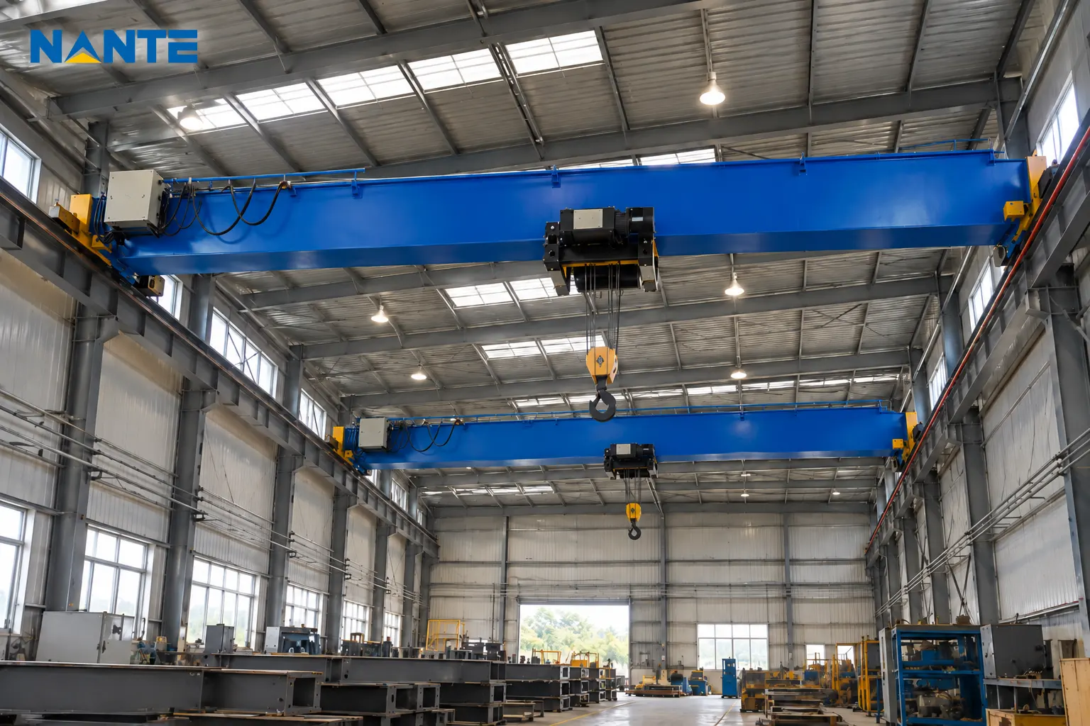 Blue overhead bridge cranes in an industrial manufacturing workshop