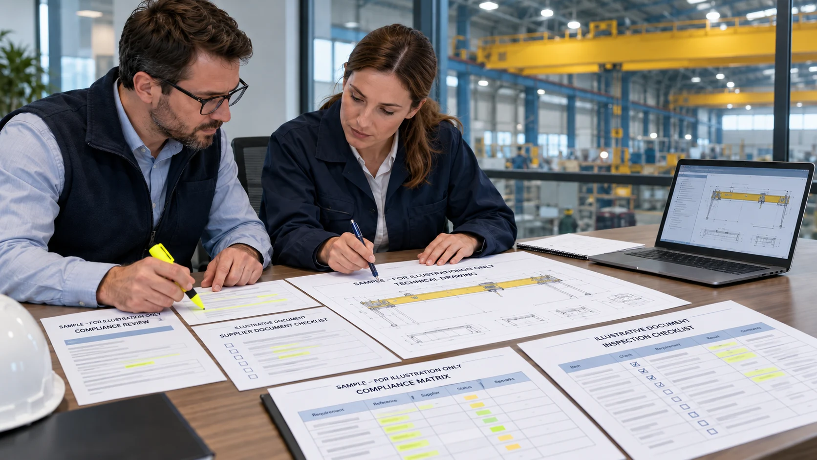 Engineers reviewing illustrative crane compliance documents and technical drawings
