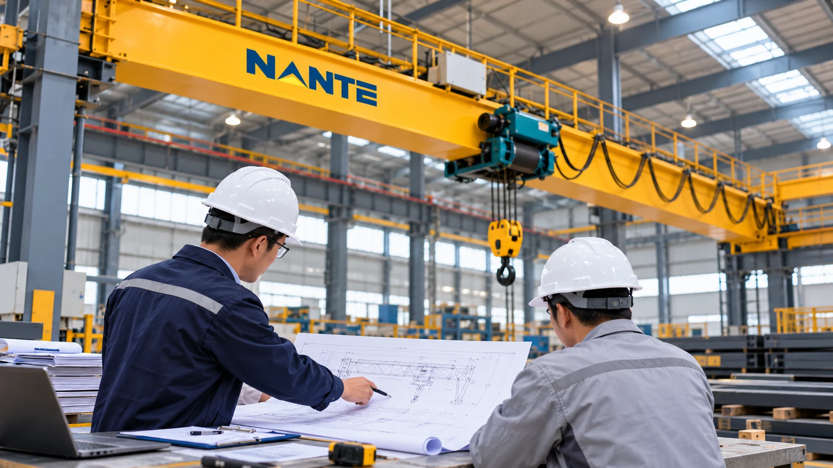 Engineers reviewing overhead crane drawings in an industrial workshop