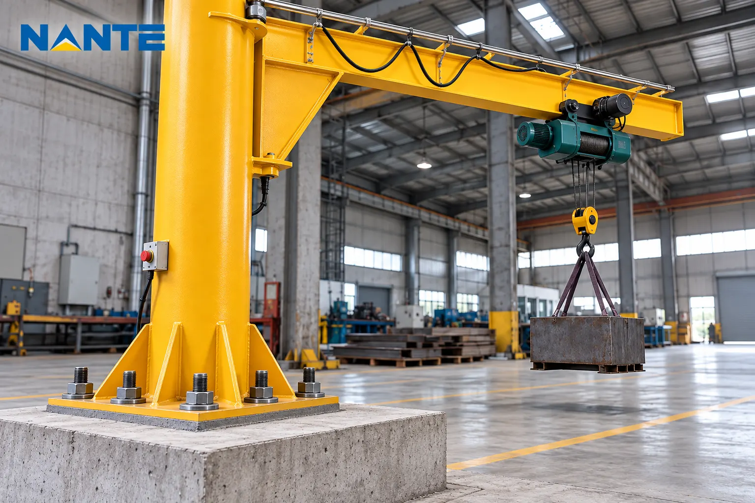 Free-standing jib crane base plate and anchor bolts on a concrete foundation under load