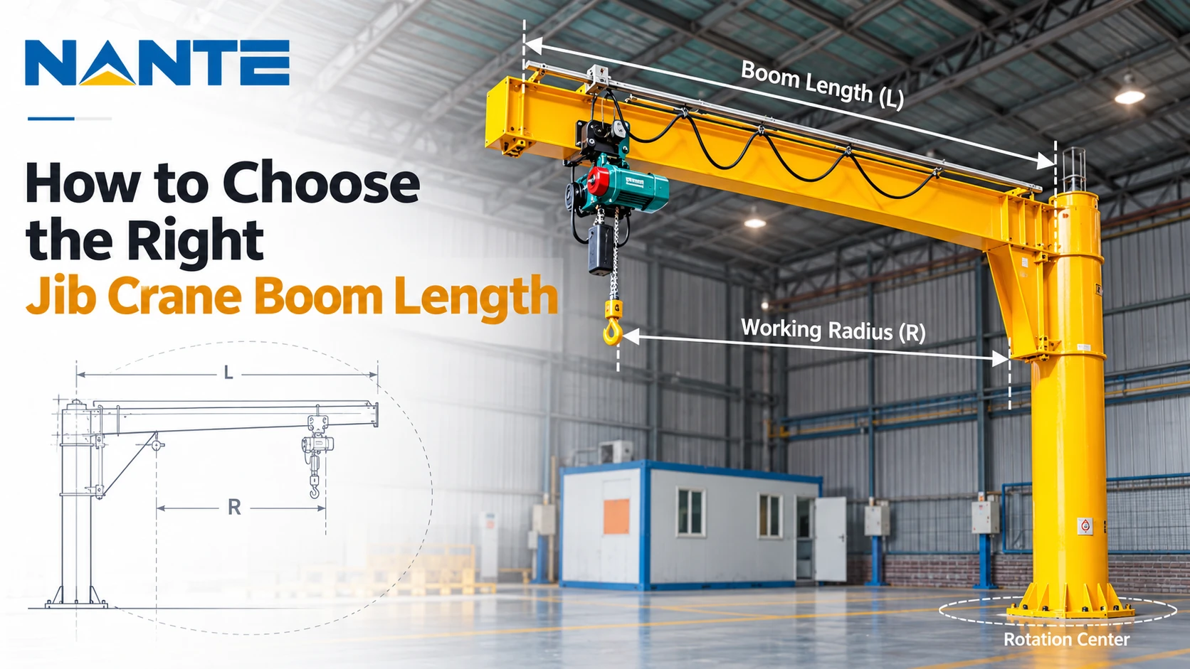Free-standing jib crane showing boom length and working radius measurements