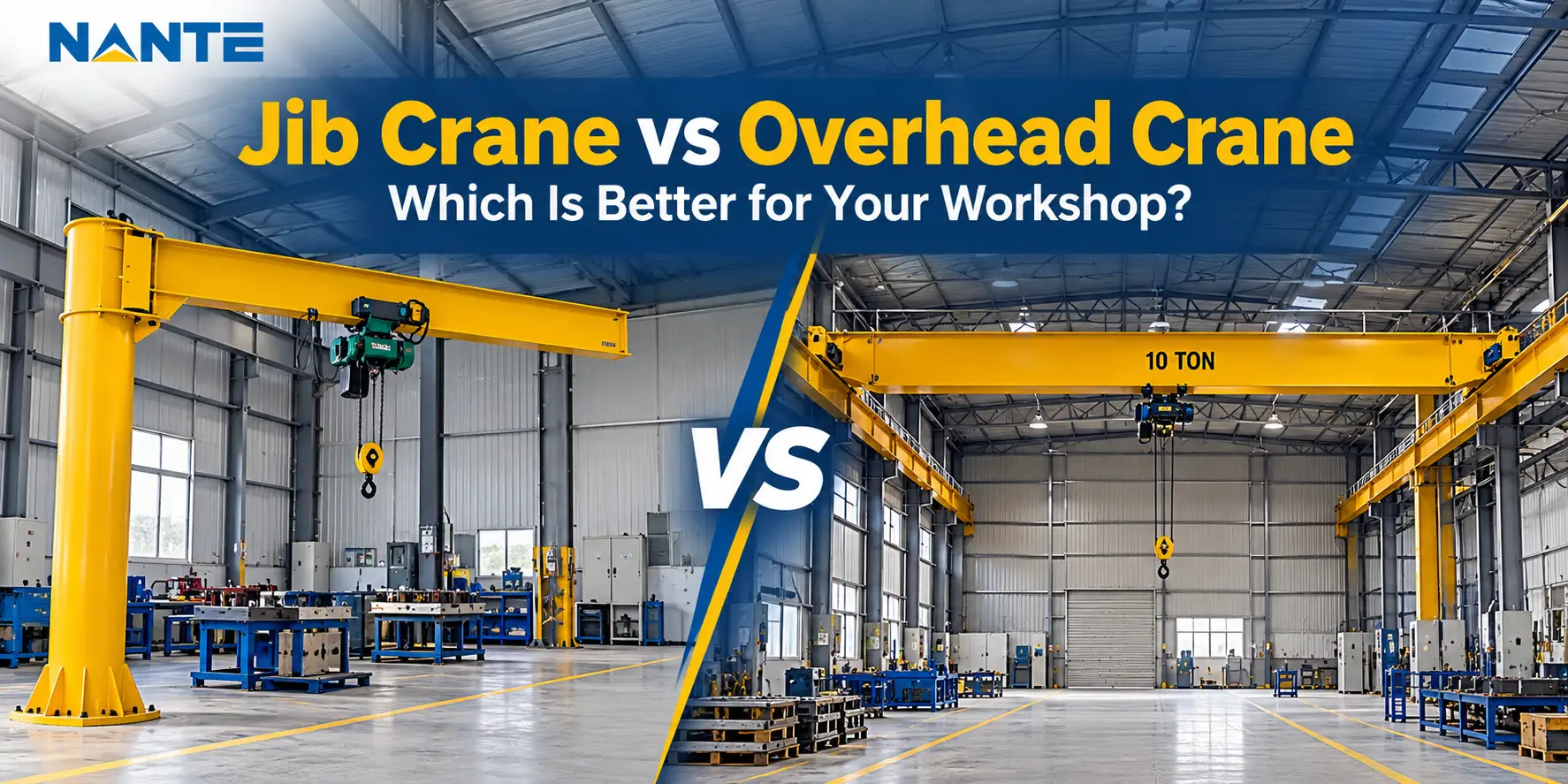 Jib crane vs overhead crane comparison in an industrial workshop