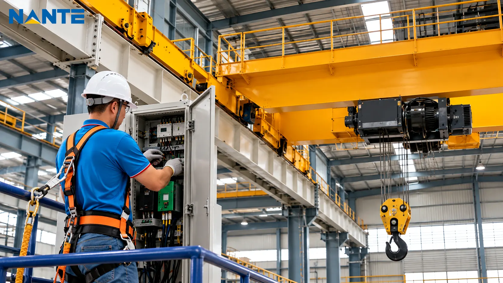 Maintenance work on an overhead crane in an industrial factory