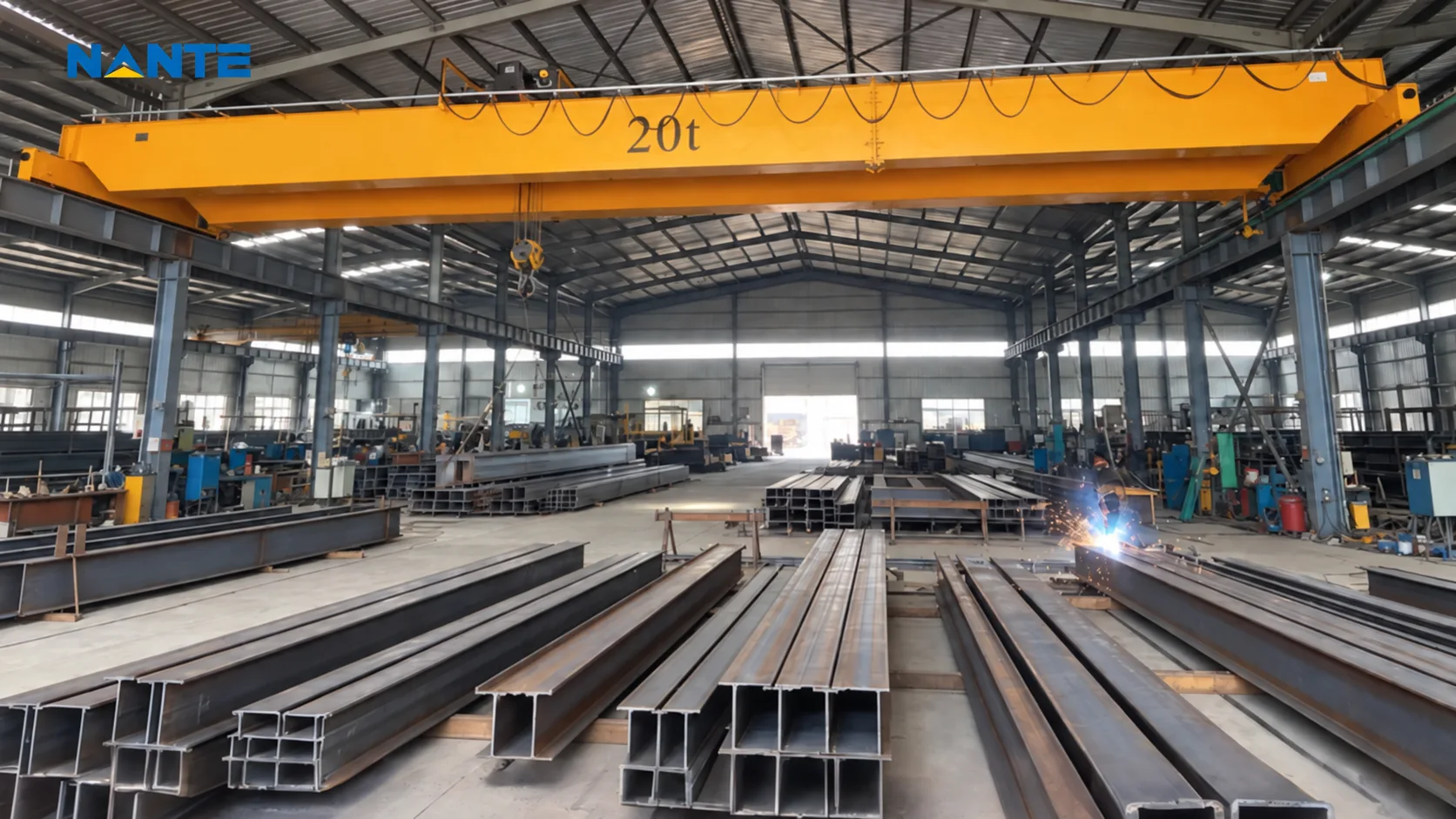 Overhead crane operating in an industrial workshop