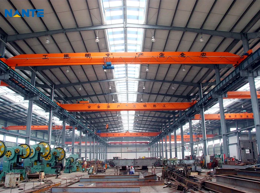 Overhead crane operating inside an industrial factory