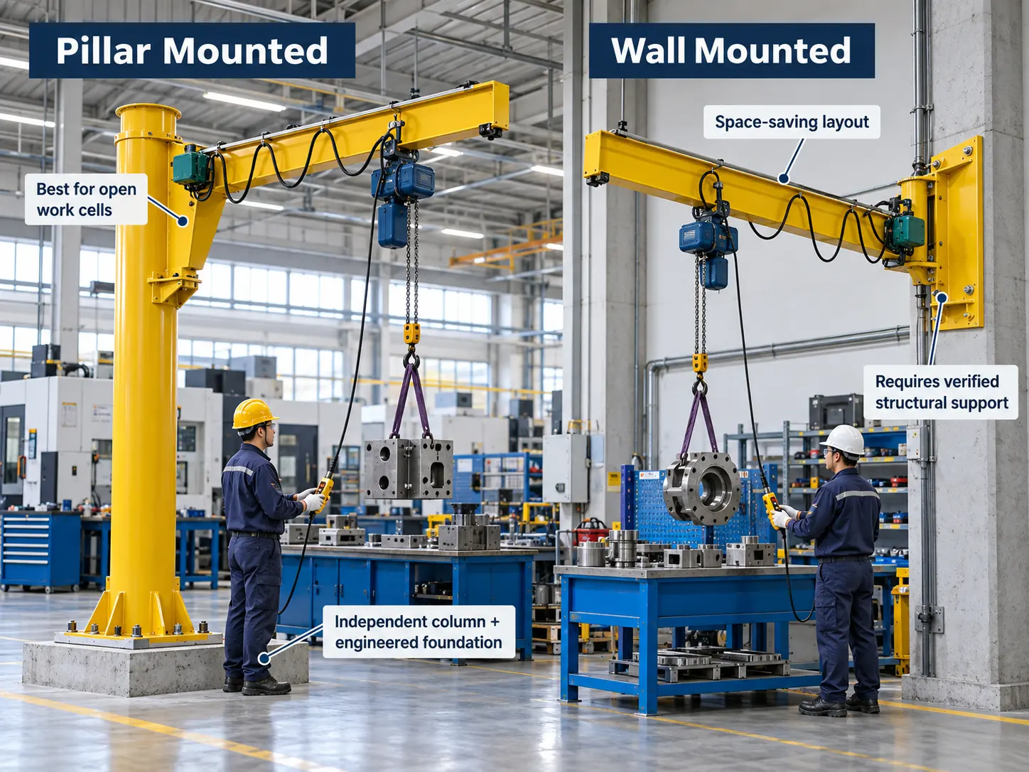 Pillar and wall mounted jib crane mounting options for industrial workstations