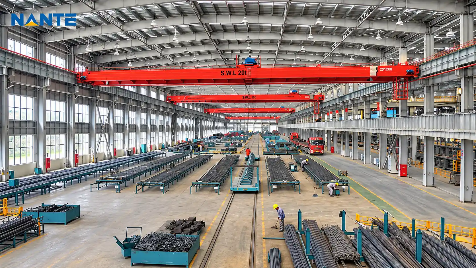 Red overhead cranes above material-processing stations in a factory workshop