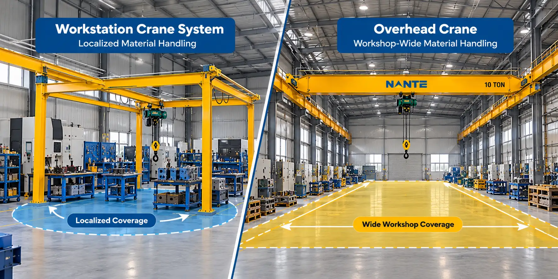 Workstation crane system and overhead crane compared for localized and workshop-wide material handling